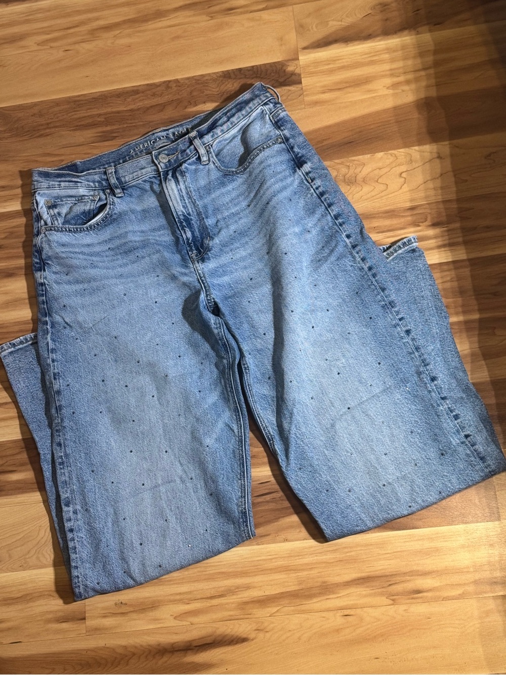 American Eagle | Rhinestone High Rise Baggy Straight Leg Jeans
